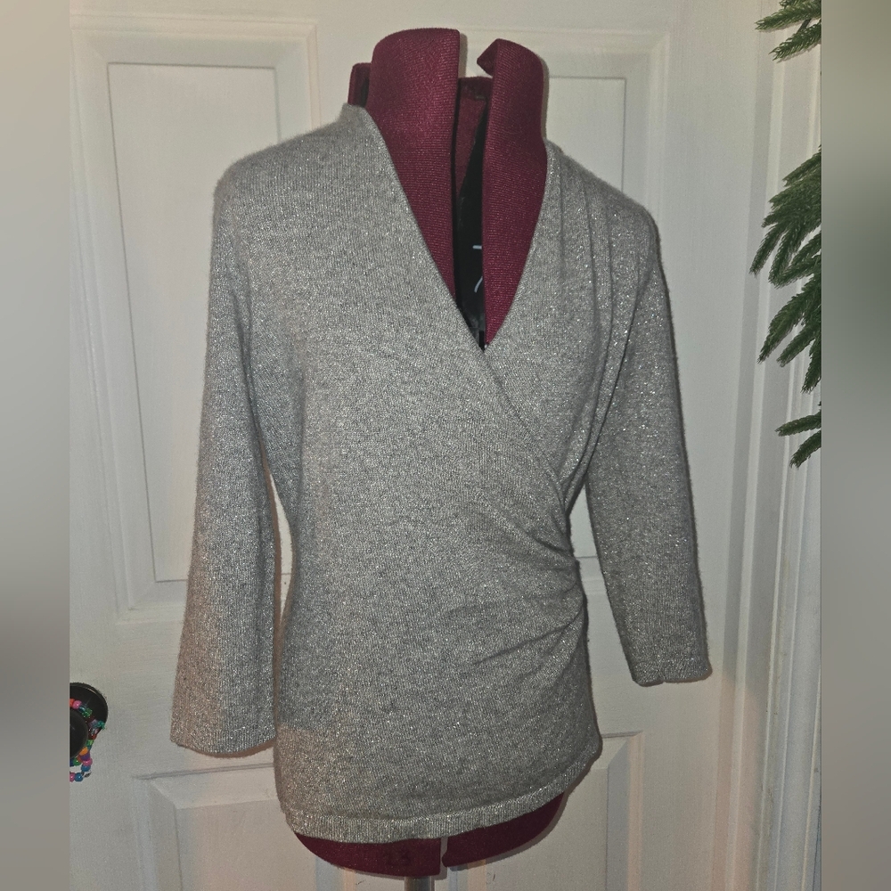 Ann Taylor Small Petite Faux Wrap Cashmere Blend Sparkle Sweater 3/4 Sleeve